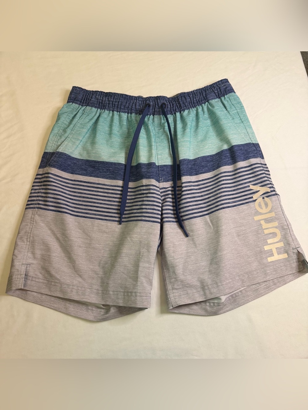 Hurley Boys XL Striped Swim Trunks Blue‎ Gray Green Board Shorts